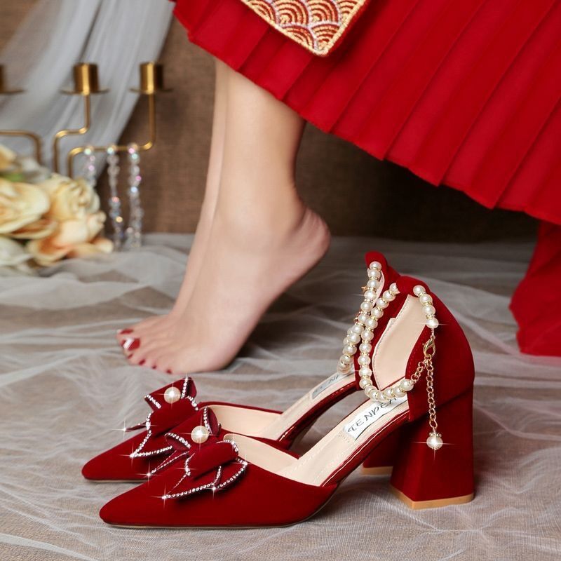 中式婚鞋结婚鞋女高跟秀禾服婚纱两穿年珍珠红色新娘鞋孕妇不累脚