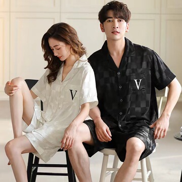 网红情侣睡衣夏季冰丝短袖短裤薄款套装v刺绣夏天男女丝绸家居服