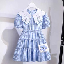 女童连衣裙夏装新款纯棉夏季短袖2024儿童格子洋气公主裙薄款裙子