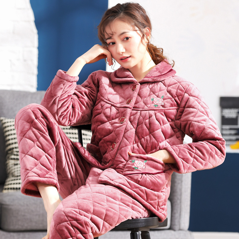 冬季睡衣女加厚夹棉棉袄保暖套装家居服三层妈妈贝贝绒超厚中老年