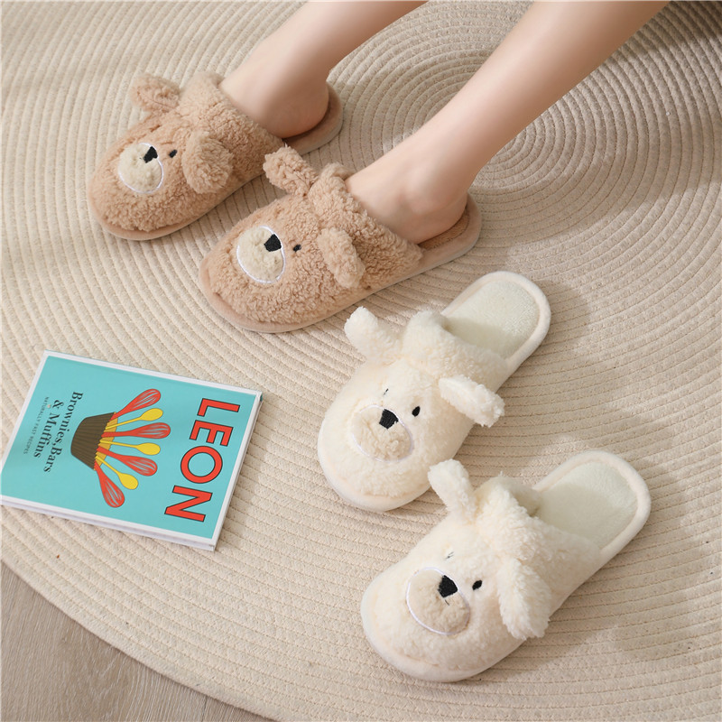Bear Floor Slippers Couple Cute Design Sense New 2021 Autumn and Winter Plush Closed Toe Flat Heel Cotton Slippers
