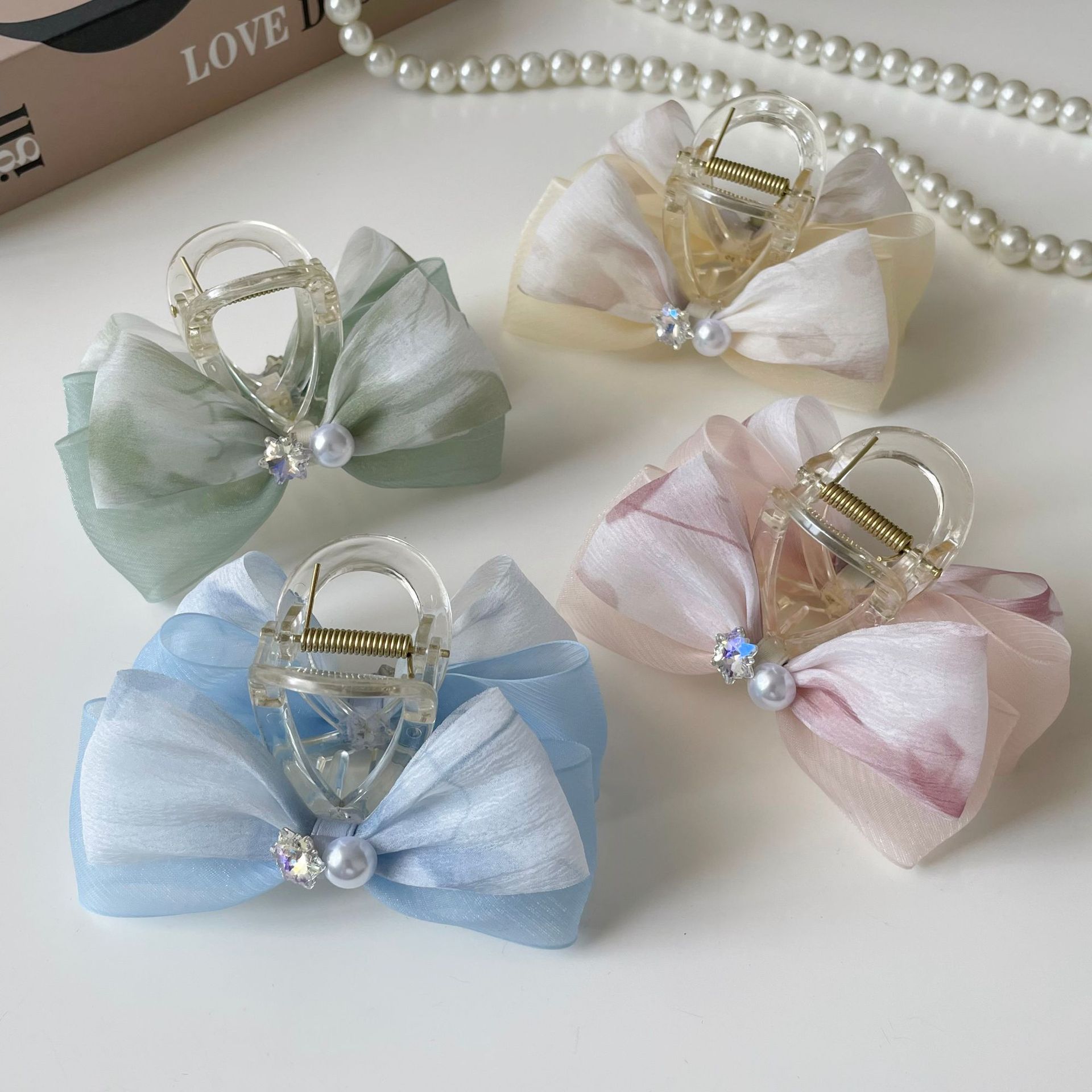 韩版简约网纱珍珠水钻蝴蝶结抓夹超仙精致后脑勺盘发鲨鱼发夹头饰