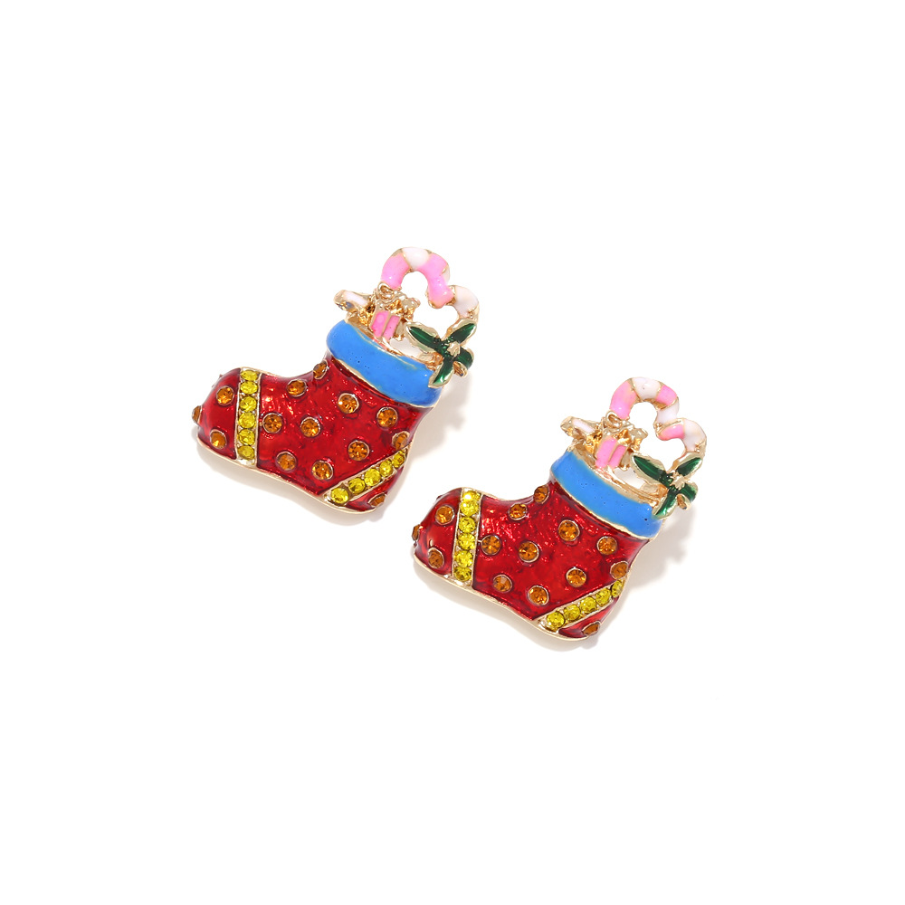 European and American Cute Creative Dripping Oil Christmas Gift Socks Earrings Alloy Diamond-Embedded Boots Earrings Christmas Ear Rings