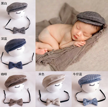 新款婴儿宝宝摄影服道具帽子婴儿拍照绅士鸭舌帽领结影楼辅助道具