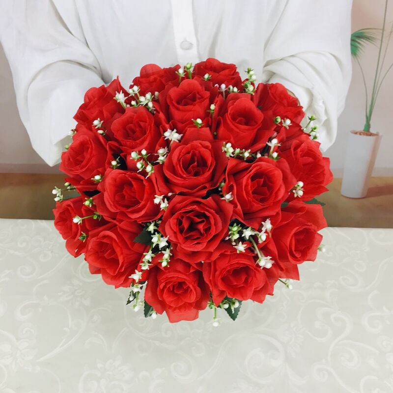 18头仿真玫瑰花束卷边玫瑰新娘手捧花婚庆拱门绢花假花塑料花干花