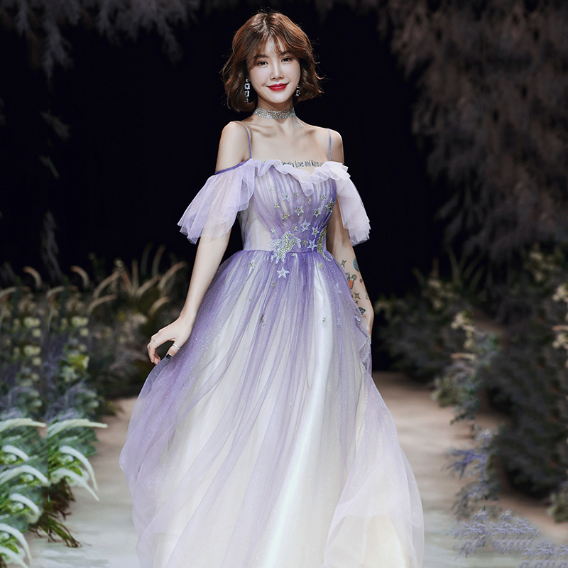 渐变紫色主持人星空模特走秀轻奢敬酒服一字肩年会18岁成年晚礼服