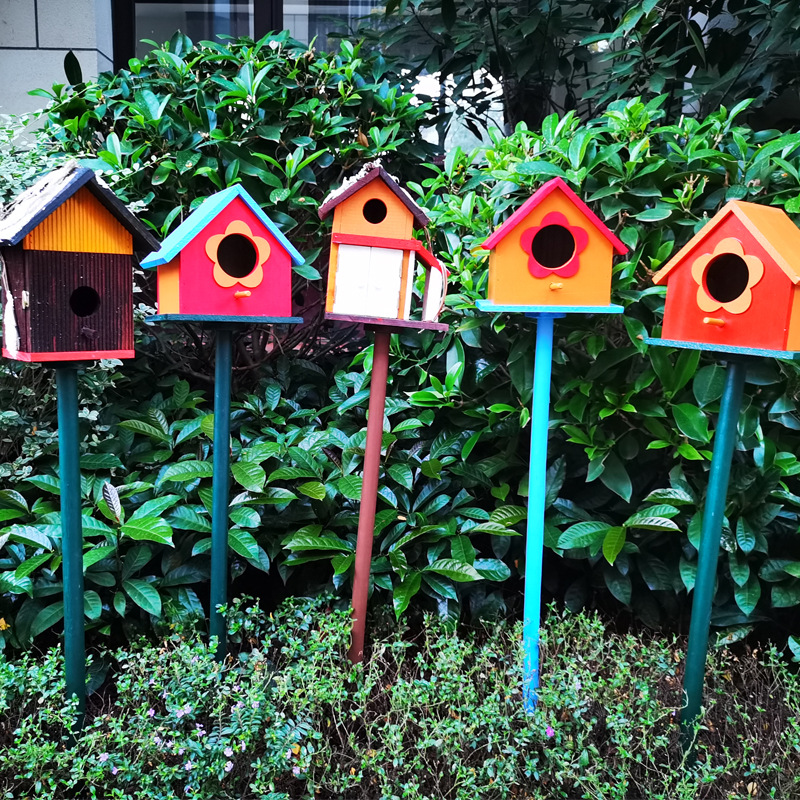 长杆实木鸟屋鸟窝鸟巢户外装饰批发木屋鸟房子 花园装饰 手工艺品