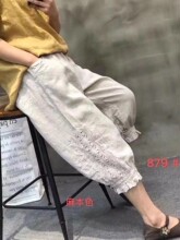 2023春夏新款亚麻拼接蕾丝边哈伦裤女 文艺复古阔腿七分裤