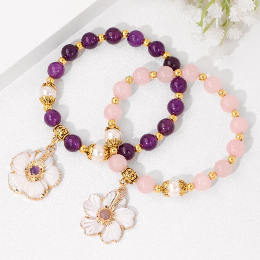 2024夏日贝壳花朵吊坠手链天然石头紫晶石串珠女友风网红系列手镯