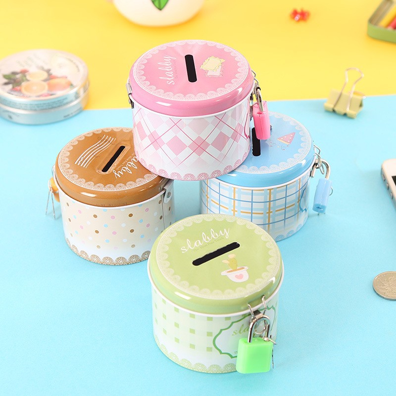 Round Money Box Cartoon Creative Korean Version Tinplate Piggy Bank Kindergarten Children's Holiday Gift Iron Box with Lock