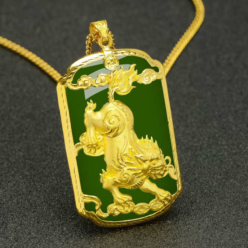 999足金镶玉吊坠麒麟玉坠黄金3d硬金和田碧玉麒麟黄金男女项链