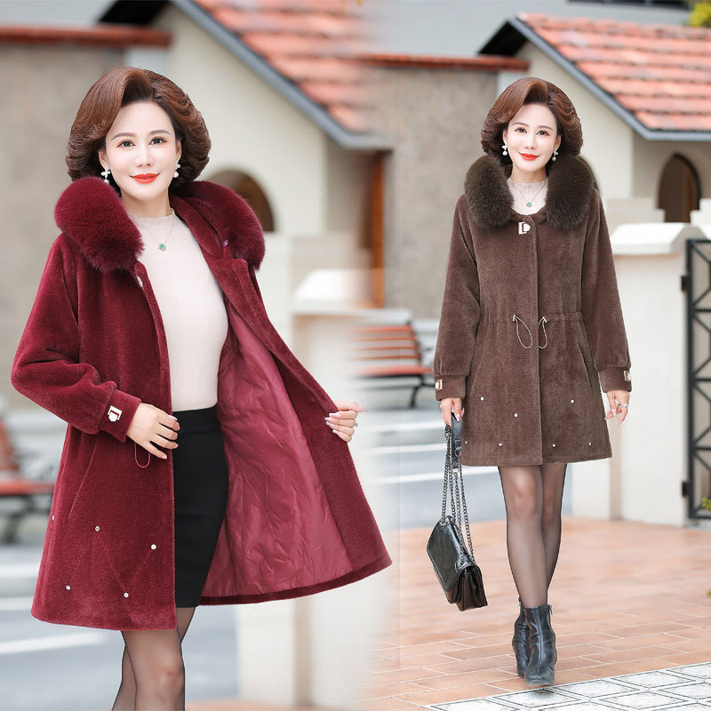 妈妈冬装水貂绒外套长款仿皮草大衣夹棉加厚中老年人秋冬保暖棉衣