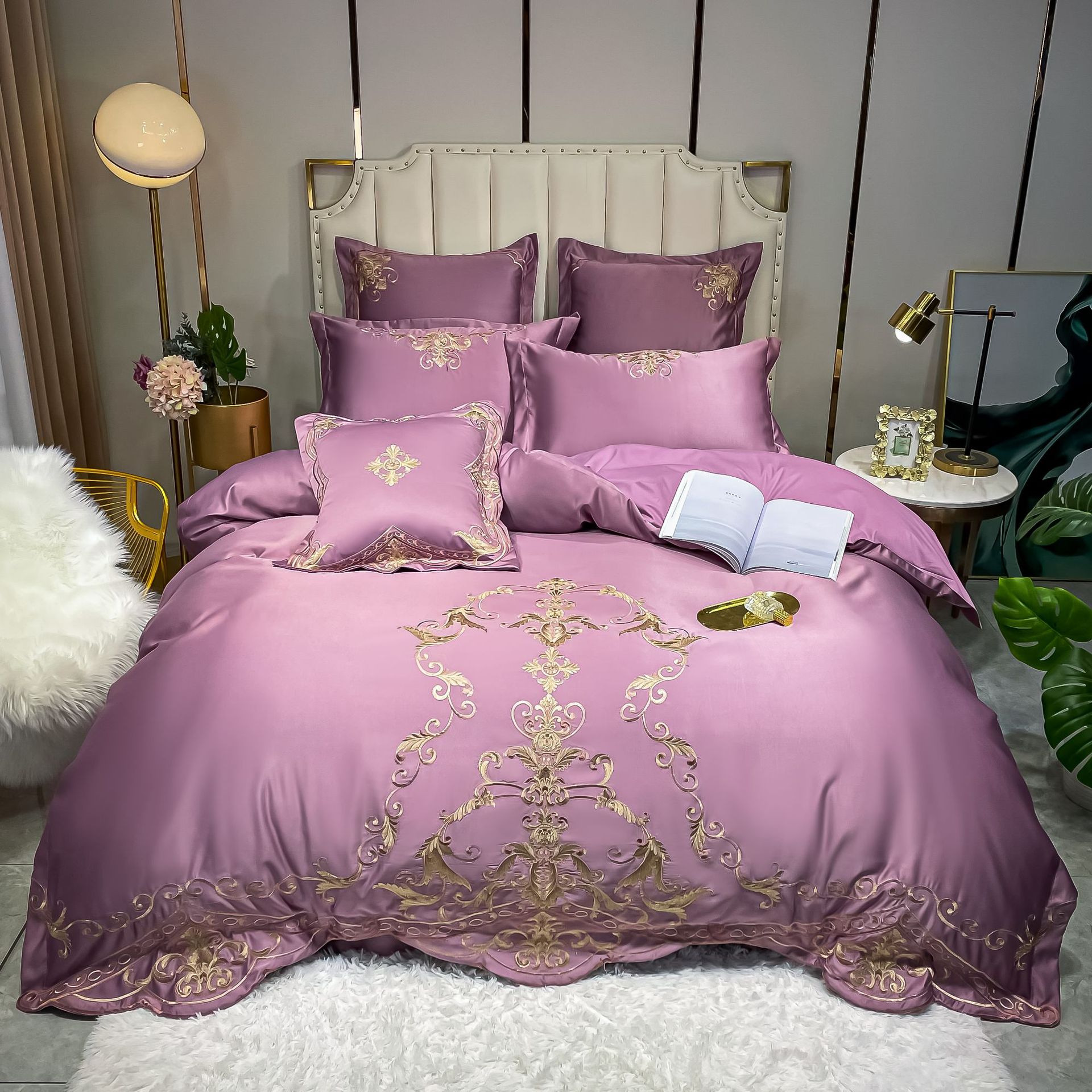 新款高档60s水洗真丝绣花四件套13372喷气全棉ab奢华床上用品批发