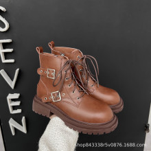 大码女靴41-43马丁靴2023新款冬季棕色女鞋工装英伦风侧拉链短靴