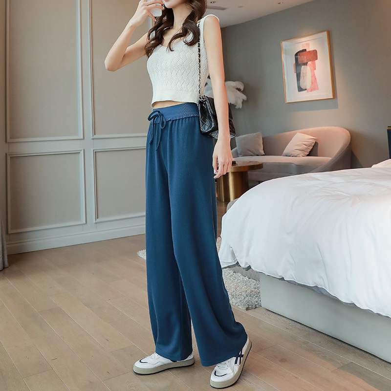 Women's Wide-Leg Pants Loose Drooping Show Thin Black Straight-Leg Pants 2022 New Spring and Summer Leisure Lace Mop Pants Women