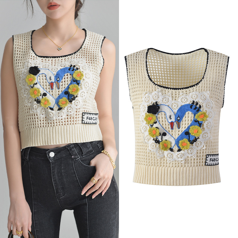 森女日系刺绣针织毛线背心宽松叠穿减龄绣花背心23春夏新款-阿里巴巴