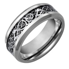 欧美尼伯龙钨金时尚简约霸气钢色龙纹+黑色碳纤宽8mm男式钛钢戒指