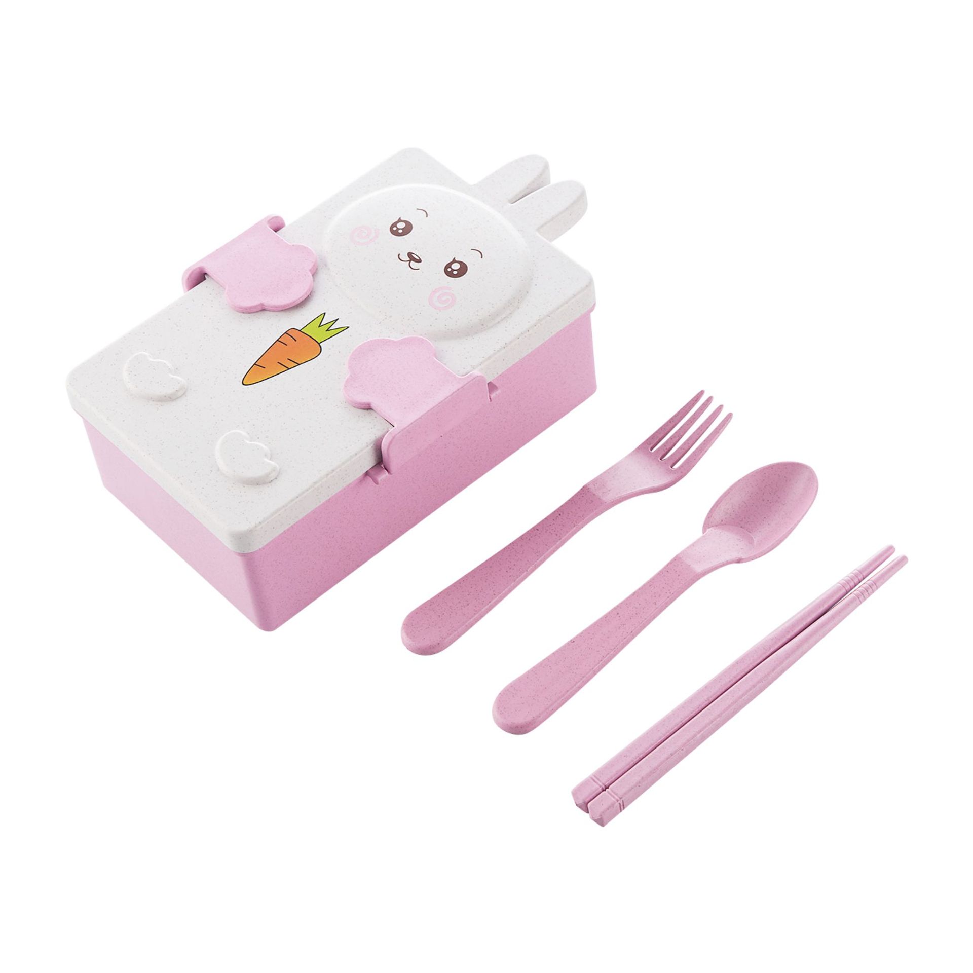 Cartoon Lunch Box Children's Plastic Wheat Straw with Tableware Cute Student Rabbit Bear Bento Box Cross-Border Wholesale