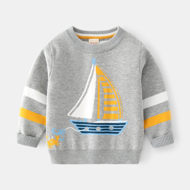 童装挑码拿货男童双层棉线保暖毛衣秋新款宝宝帆船螃蟹提花针织衫