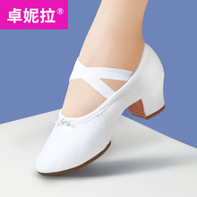 白色舞蹈鞋女软底专业芭蕾舞鞋中跟练功鞋2021年新款室外广场舞鞋