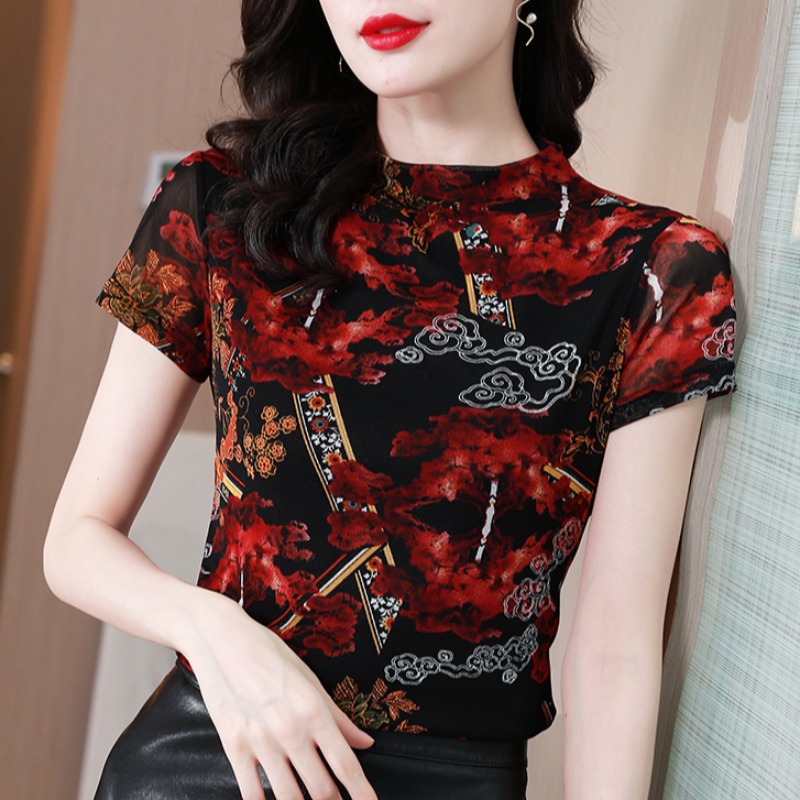 Half Turtleneck Bottoming Shirt Women's Short-Sleeved Summer Clothes Large Size Mesh T-shirt All-Matching Slim Fit Slimming Mother's Printed Shirt Fashion
