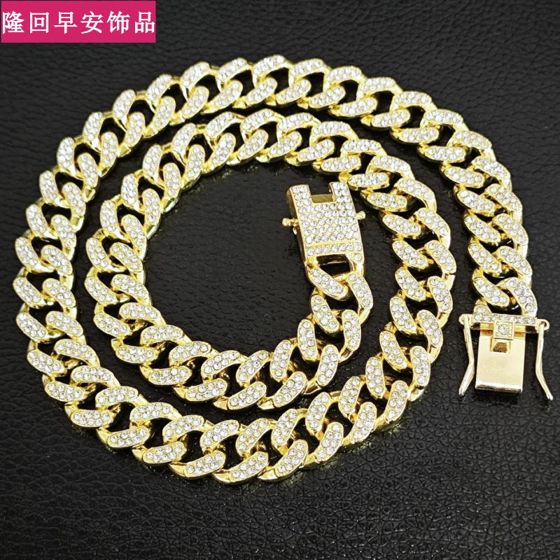 European and American Alloy Line Cuban Link Chain Diamond Bracelet 12.5mm Full Diamond Men and Women Hip Hop Style Gold-Plated Necklace