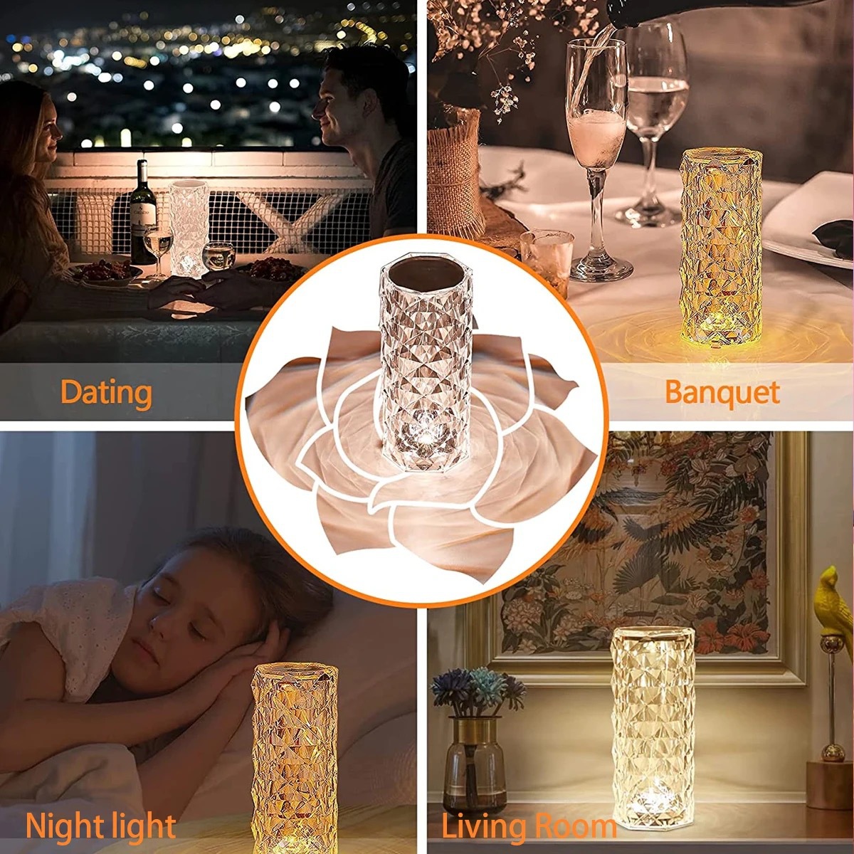 Cross-Border in Stock Wholesale Creative Bedroom Ambience Light Rose Crystal Lamp Bedside Lamp Decorative Table Lamp Touch Small Night Lamp