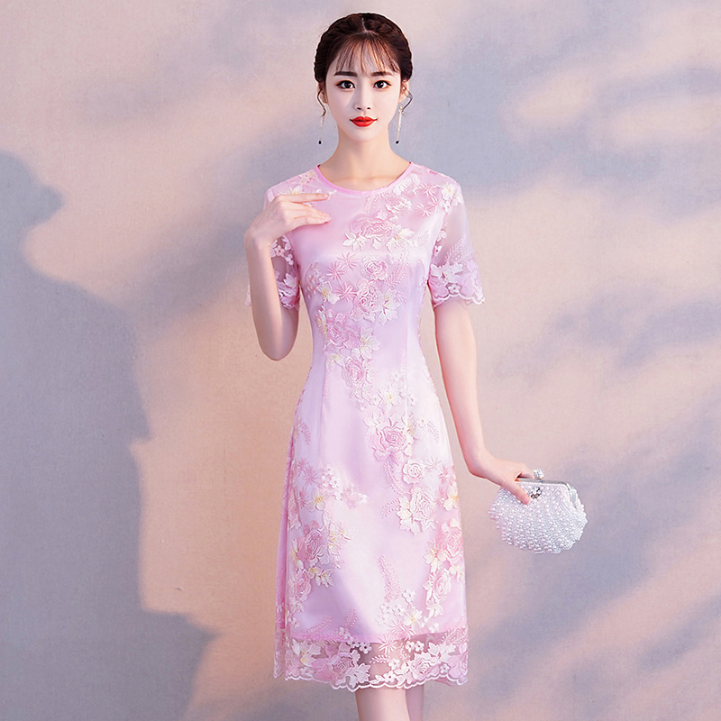 低领旗袍连衣裙女新式改良版宽松无领夏季年轻款少女粉色蕾丝裙夏
