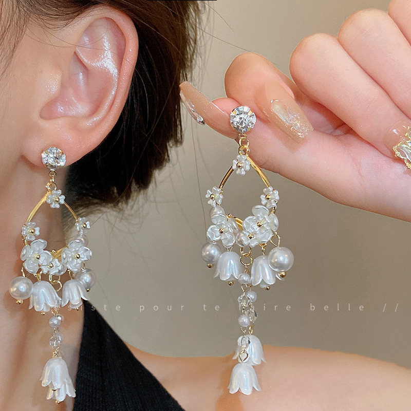 Silver Needle French Style Super Fairy Diamond Pearl Flower Tassel Earrings Light Luxury Temperament Earrings Niche Retro Exaggerated Earrings