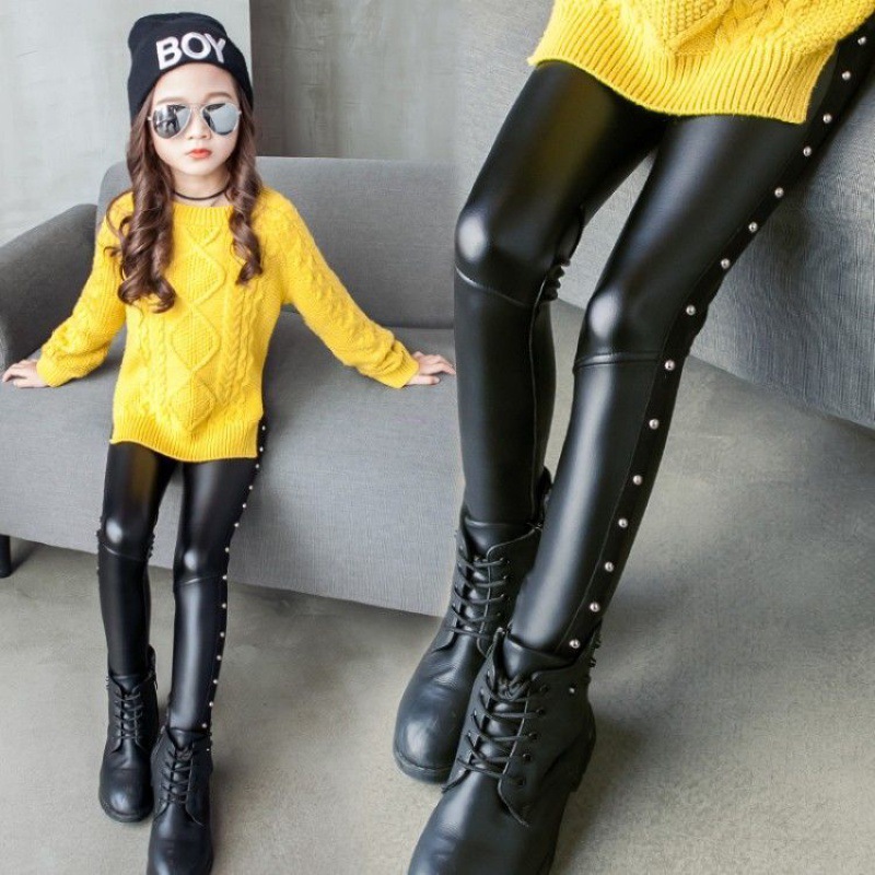 女童皮裤2021新款加绒加厚秋冬装洋气pu皮裤子儿童中大童冬季长裤