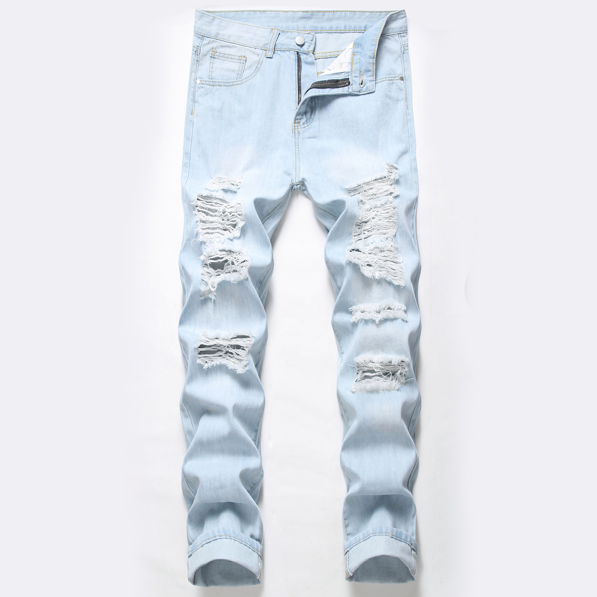 Cross-Border Supply  New Men's Ripped Jeans Men's Knee Ripped Pants Trousers Cross-Border Jeans Men