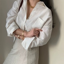 棉麻防晒长袖白色衬衫女2023春秋季新款港风宽松上衣百搭韩版衬衣