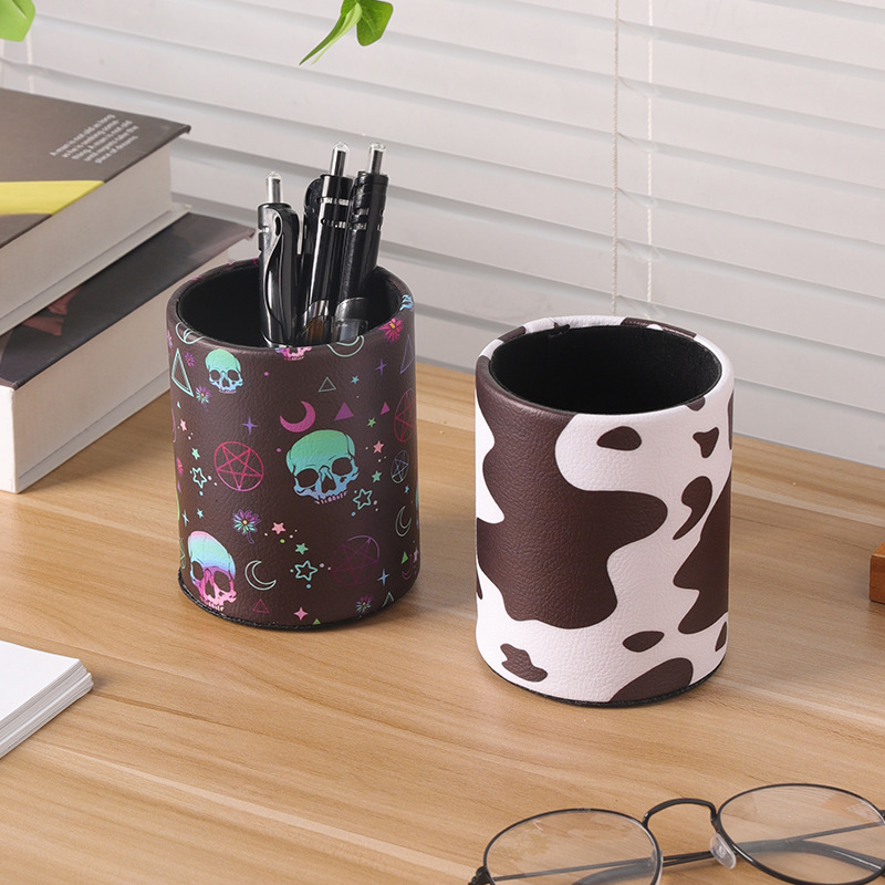vintage pu leather round pen container home office study book desktop pen holder stationery sundries storage pen container