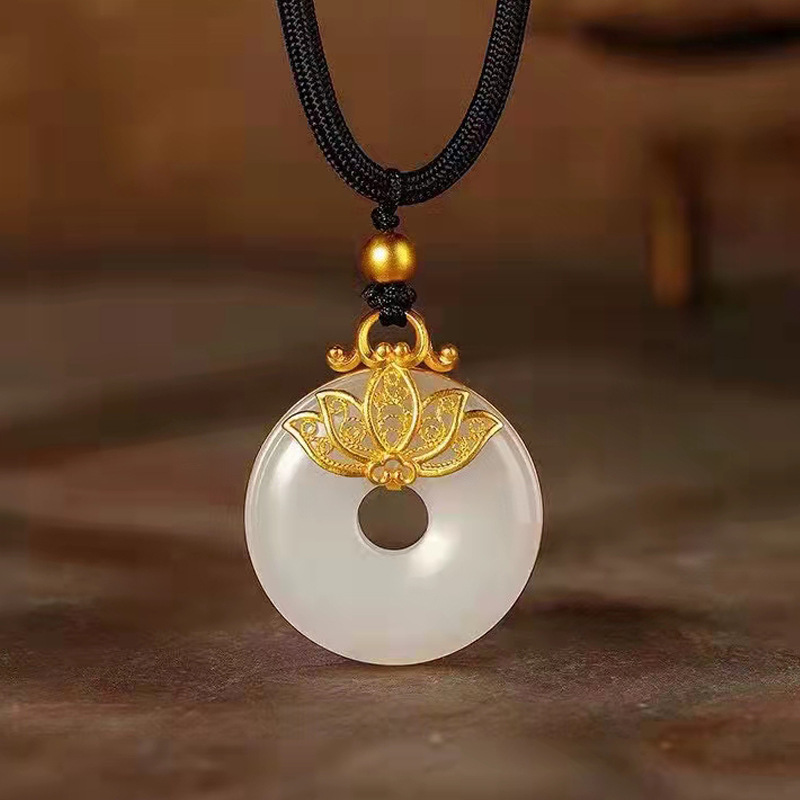 999足金莲花平安扣女黄金镶和田玉项链24k纯金吊坠挂坠生日送礼