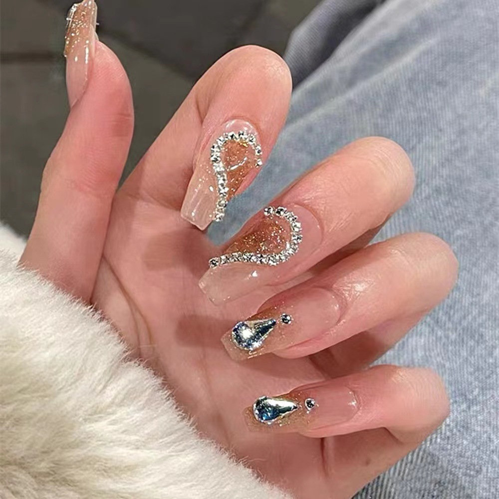 Spring and Summer White Wear Nail Long Caramel Gradient Flash French Fake Nail Finished Detachable Nail Patch