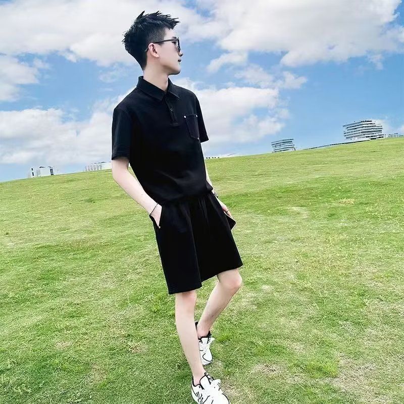 男士时尚短袖衫套装休闲纯色休闲短裤夏季男装搭配一套痞帅气