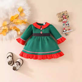 跨境外贸幼儿喇叭长袖圣诞款女宝宝连衣裙公主裙女童童装新款礼服