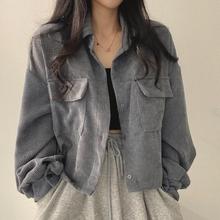 韩国chic秋季法式复古百搭单排扣翻领短款灯芯绒衬衫长袖外套女潮