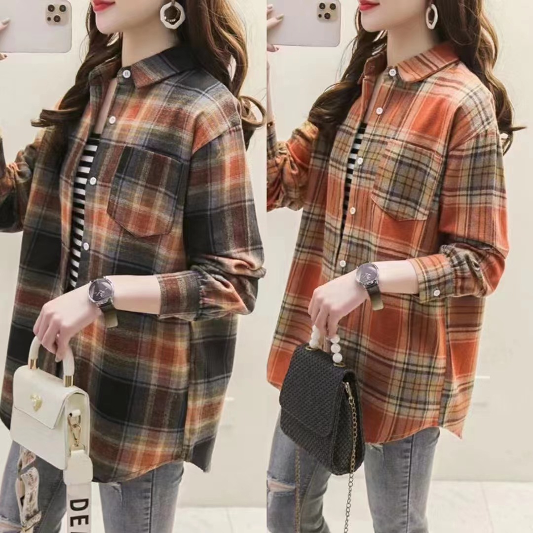 Spring Plaid Shirt Women's Shirt Brushed Plaid Shirt Women's Long Sleeve Korean Style Slimming Korean Style Spring Top