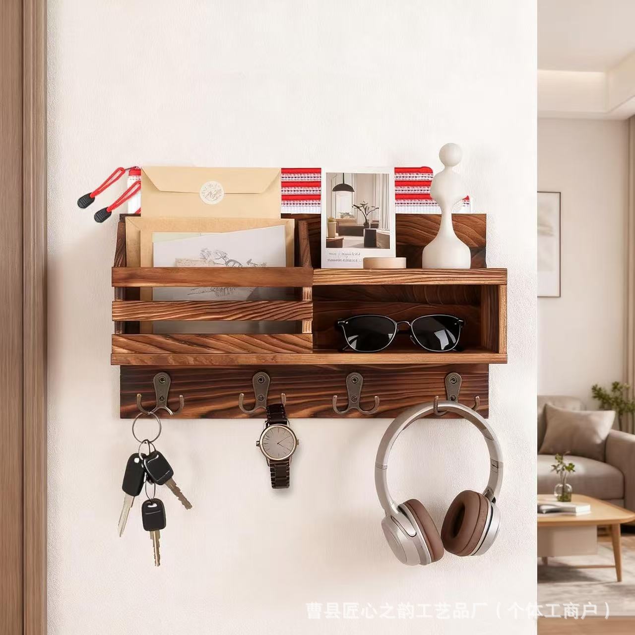 墙壁实木储物架信封架复古挂墙式钥匙挂架音乐耳机收纳实木置物架