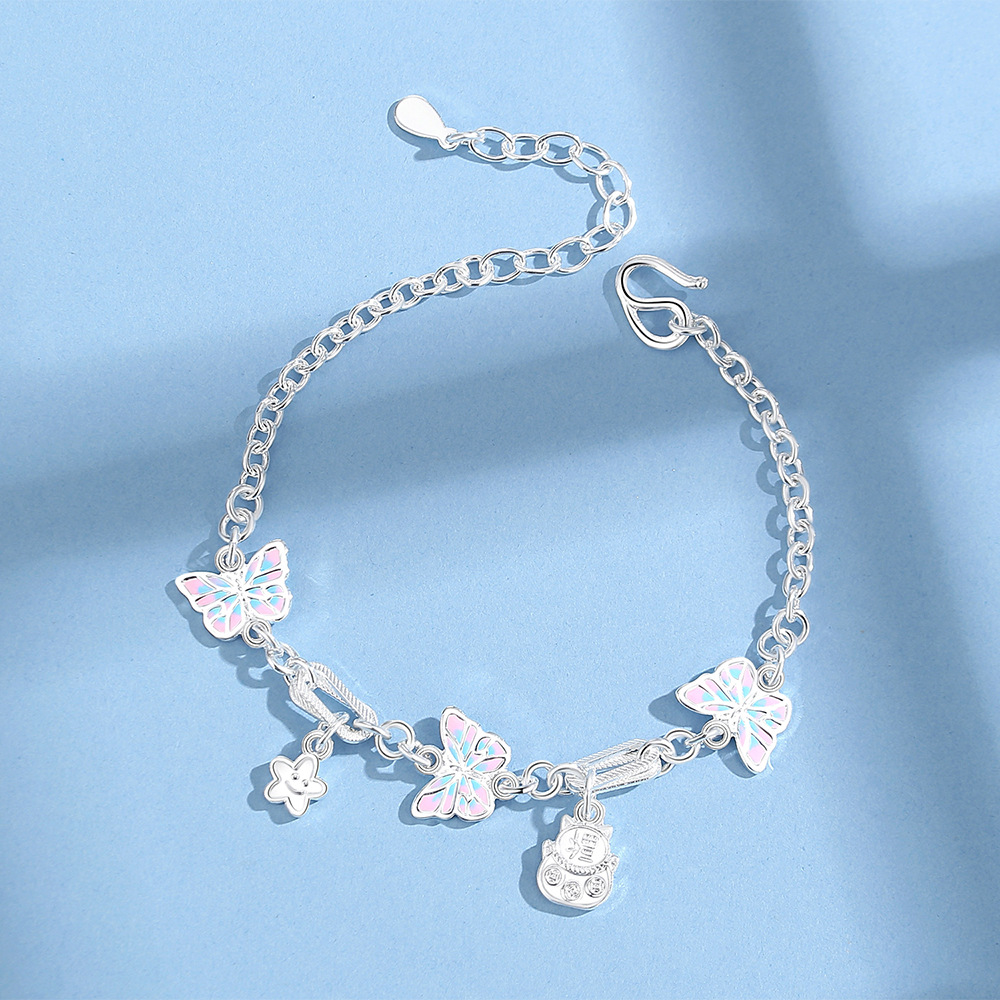 足银9999珐琅彩色蝴蝶招财猫手链女夏季小众设计感清新手饰送礼物