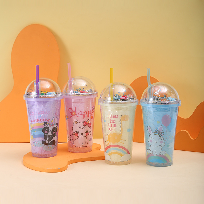 Summer Creative Cartoon Pattern Crushed Ice Cup Cute Design Cup with Straw Portable Double Layer Plastic Drink Cup Wholesale