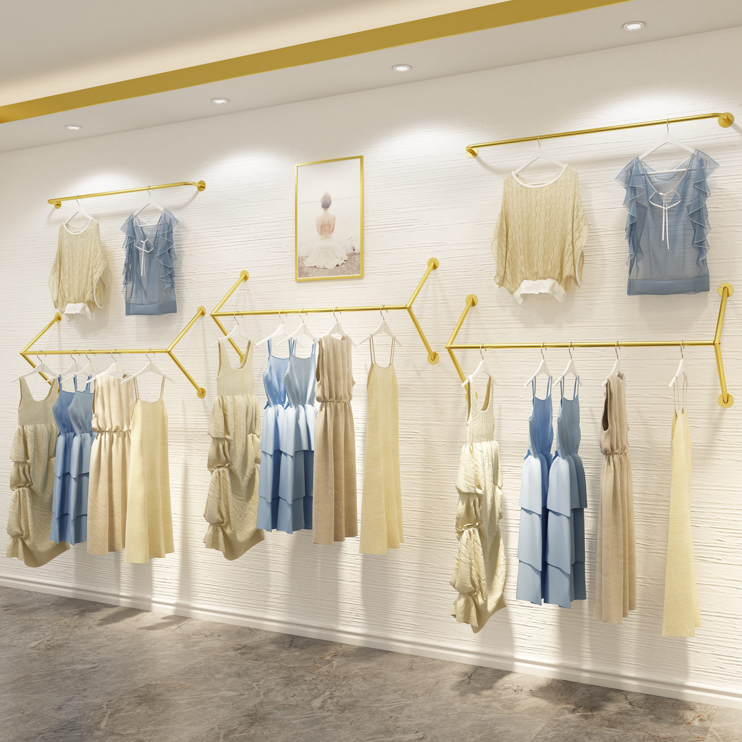 金色双层服装店展示架上墙壁挂式侧挂女装童装店铺挂衣服货架组合