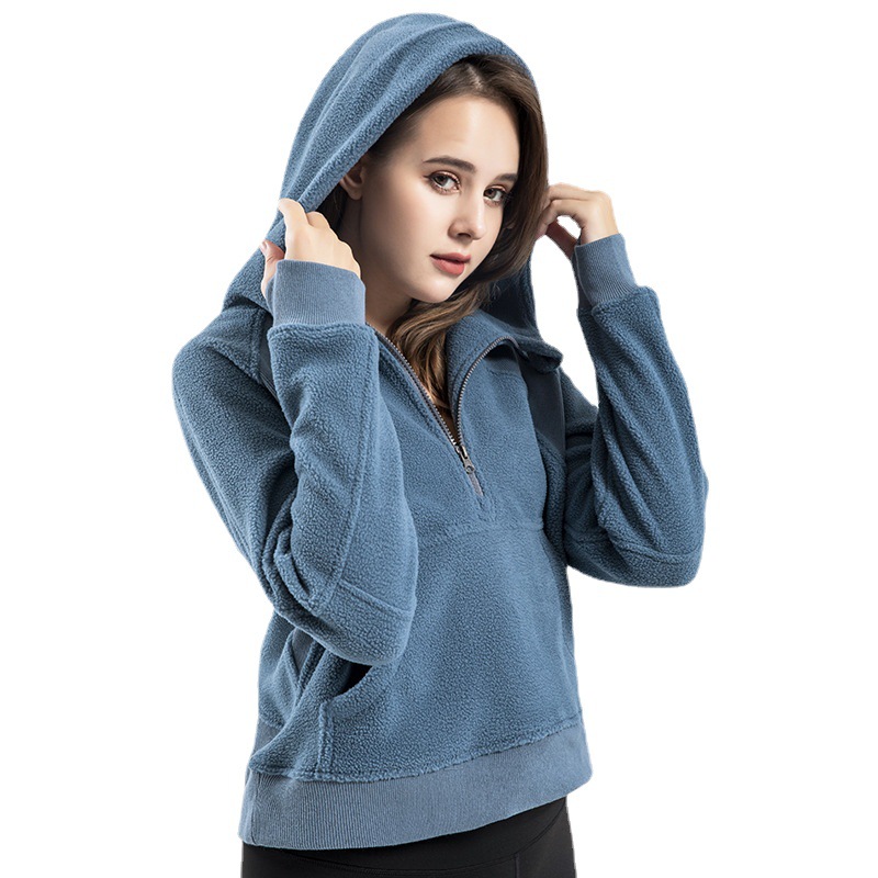 Lulu Short Polar Fleece Sports Hoodie Women's Half Zipper Yoga Running Thickened Workout Top Coat