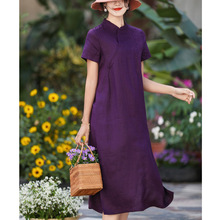 2021新款原创女装 复古刺绣长款连衣裙女 高品质紫色短袖茶服长裙