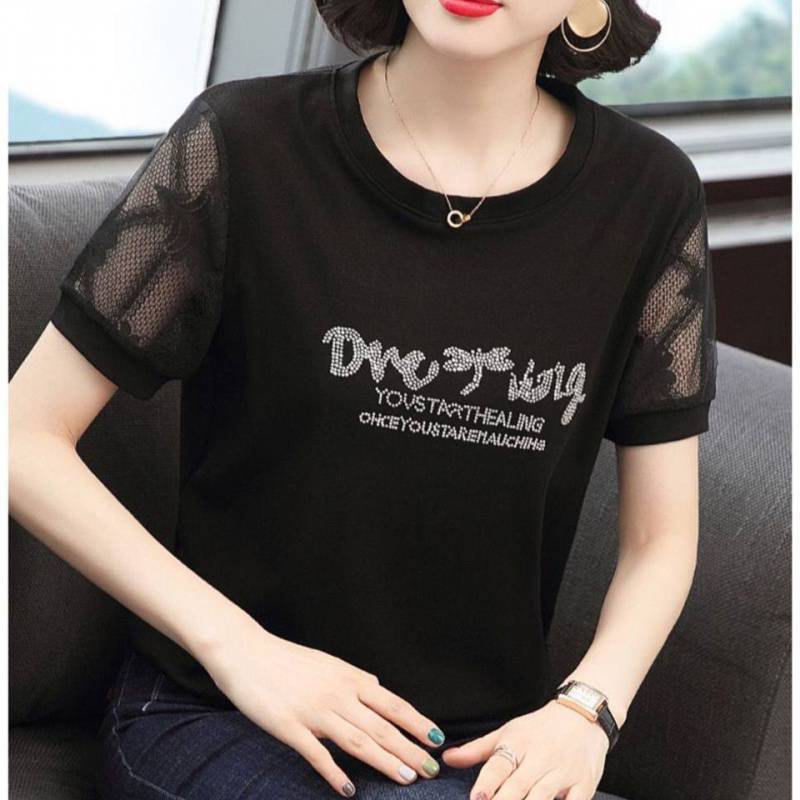 Short Sleeve Shirt Women's Western Style Small Shirt 2023 New Korean Mesh Half Sleeve Stitching Black T-shirt Mom Summer Clothes Fashion