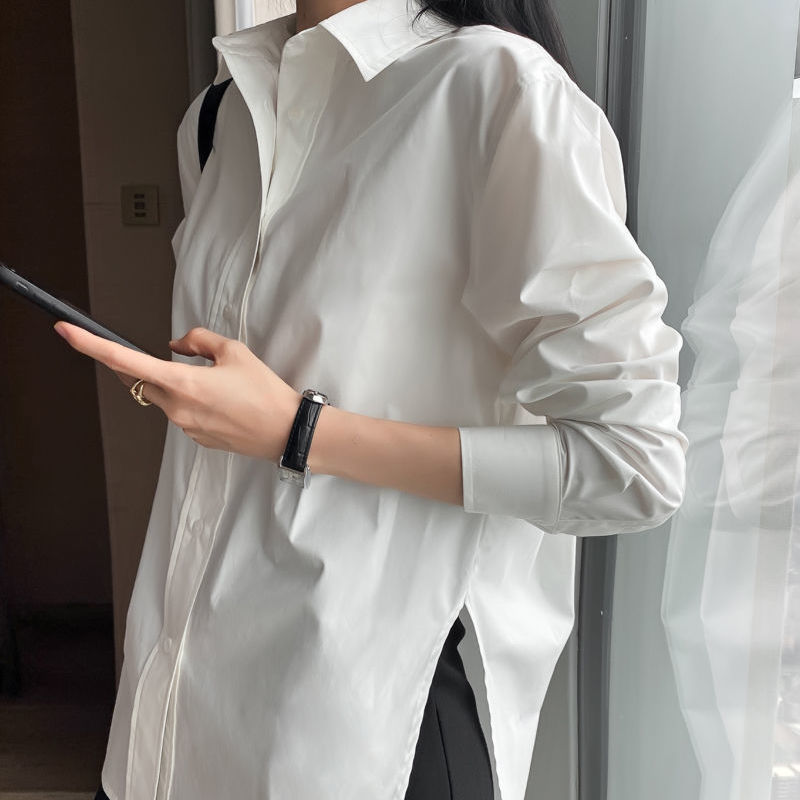 2021新款白色衬衫女长袖内搭外穿白衬衣女开叉学生韩版宽松时尚潮