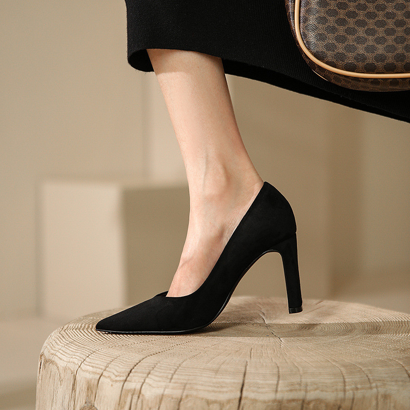 一代佳人女2022年春季新款绒面粗跟高跟鞋设计感气质女鞋292211