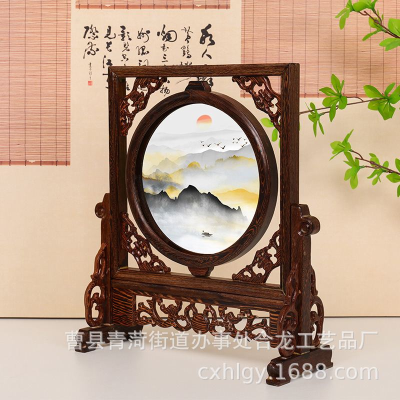 Solid Wood Photo Frame Rotating Photo Frame Chinese Style Table Decoration Small Screen Crafts Decoration Desktop Chinese Style Solid Wood Photo Frame Decoration