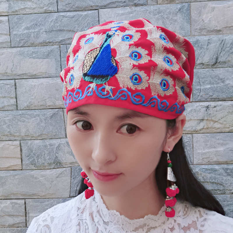 民族风绣花薄款棉麻帽子女帽孔雀开屏绣花帽子系带头巾帽包头帽子